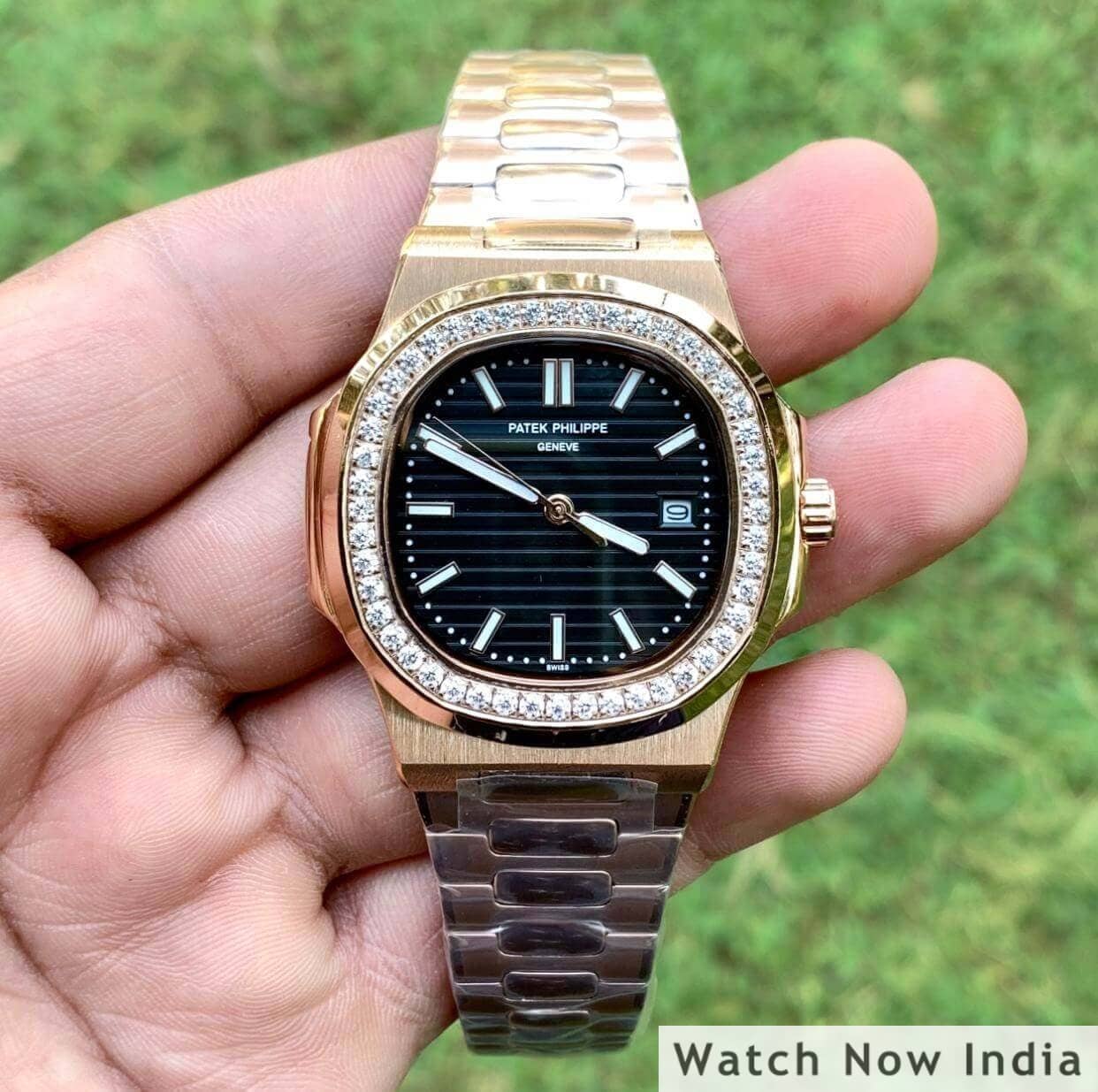 Patek Philippe Nautilus Black Dial With Diamond Bazel First Copy